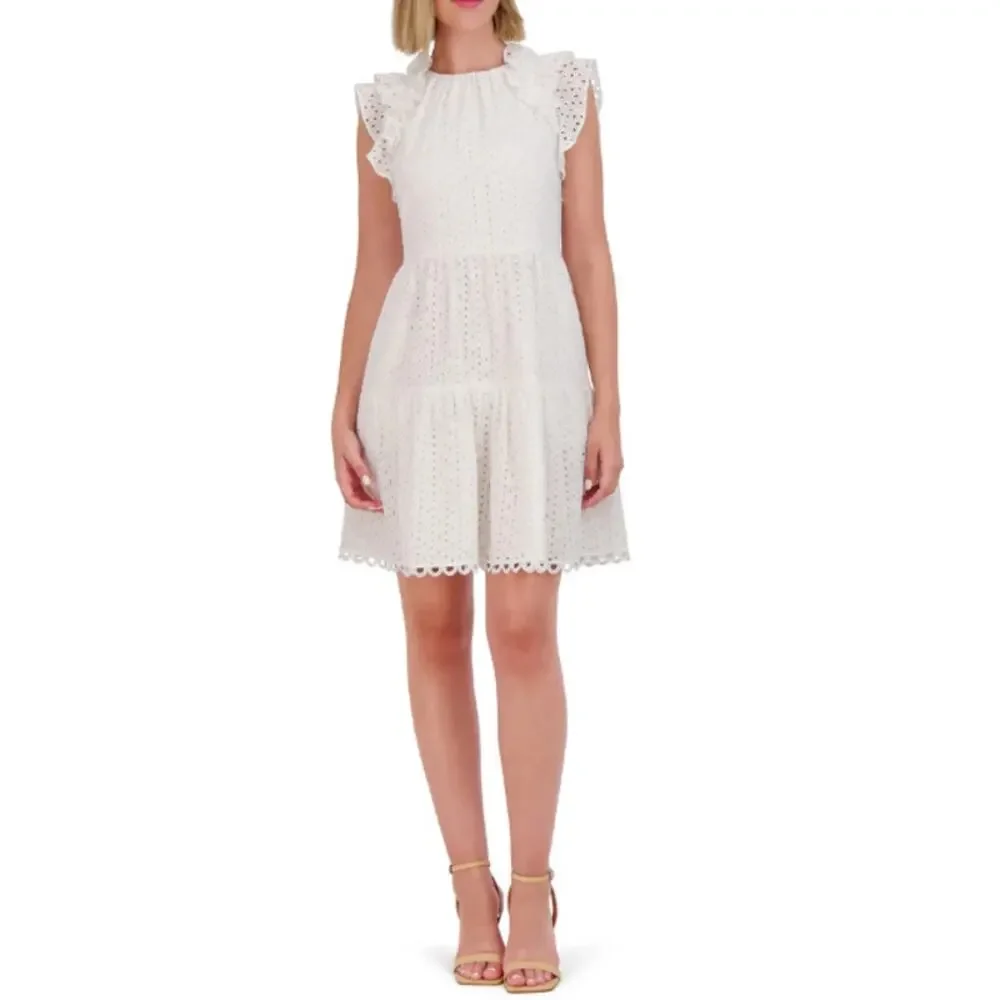 Vince Camuto White Eyelet Ruffle Keyhole Back Tiered Fit & Flare Mini Dress 14/L